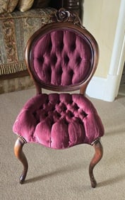 Button Tufted Seat (believed to be a Silk Blend), Wood Believed to be Walnut, Balloon Back, Nailhead