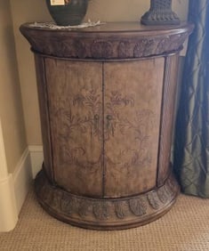Chinoiserie Details & Carved Leaf Details on Top & Base, Features 2-Doors w/ 3-Shelves for Storage