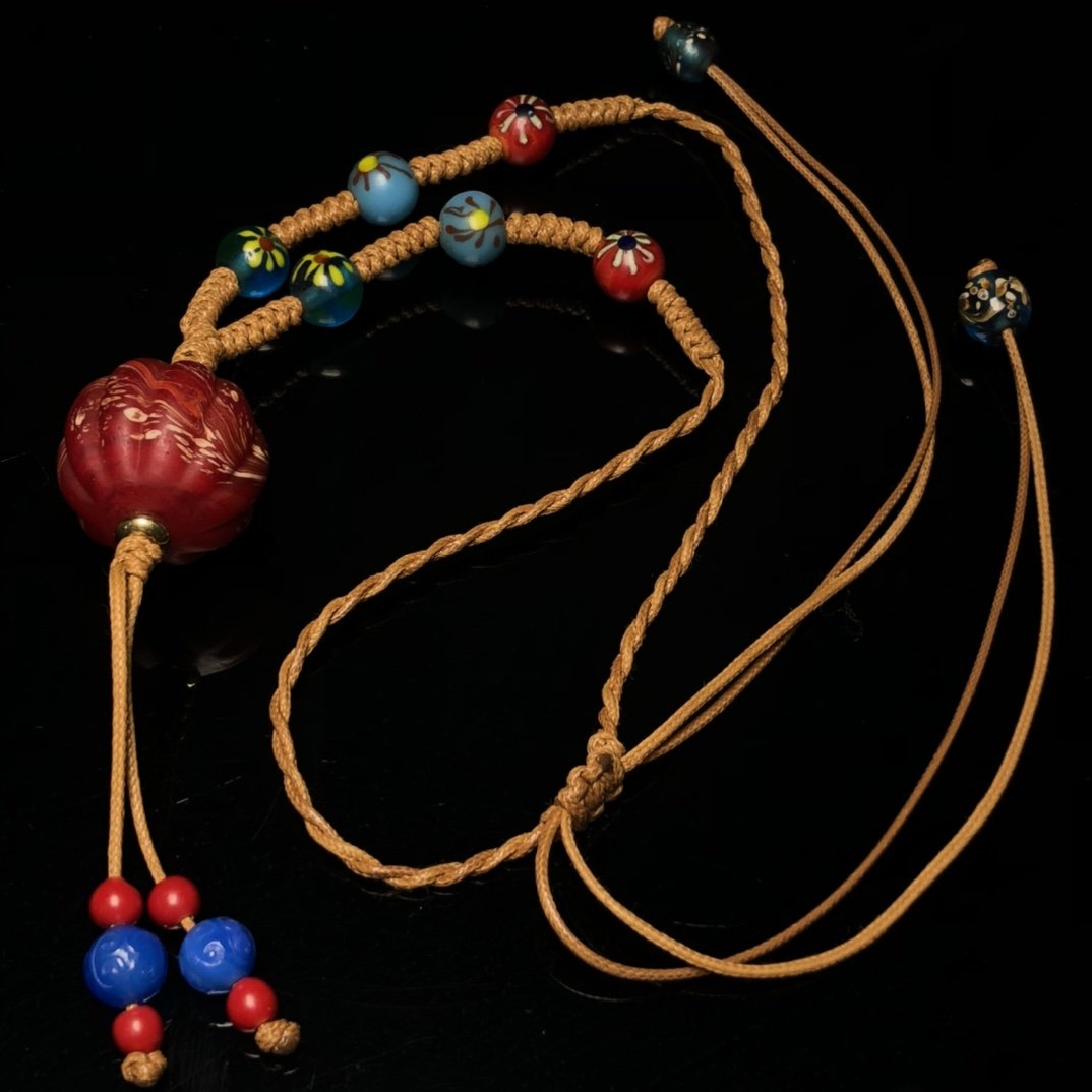 Old glazed phoenix tail pendant and necklace made of glazed beads (1 of 9)