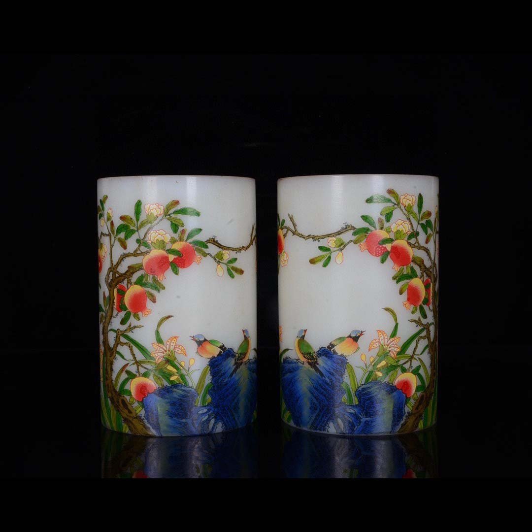 A pair of Yongzheng enamel colored flower and bird happy event with feeder pen holder: A pair of Yongzheng enamel colored flower and bird happy event with feeder pen holder