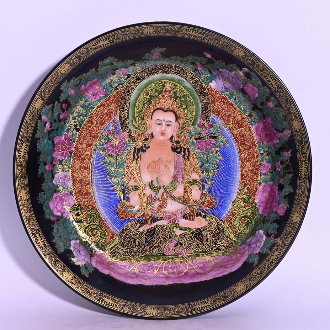 Qing Yongzheng Enamel Painted Thangka Plate in Gold: Qing Yongzheng Enamel Painted Thangka Plate in Gold