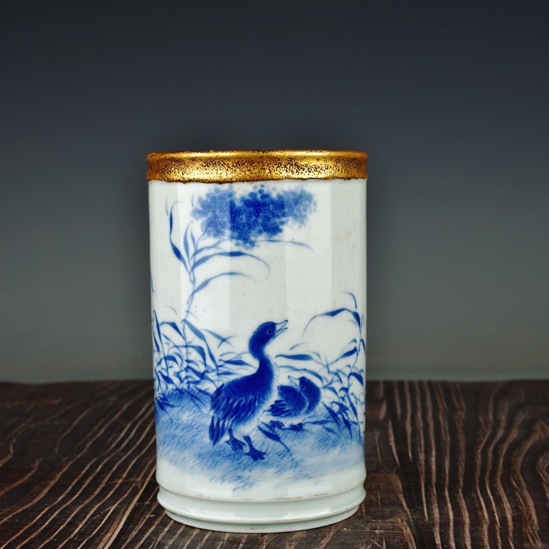 Wang Buhui Blue and White Gilt Mouth Reed and Swan Goose Pattern Pen Pot (1 of 9)