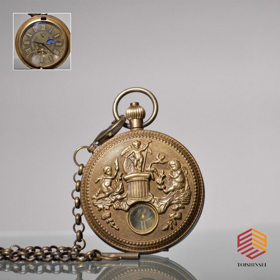 Copper Angel Holy Spirit Sun Moon Star Double Open Pocket Watch (1 of 8)