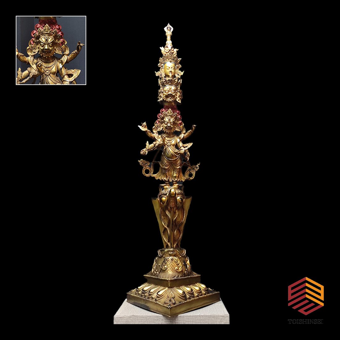 Gilt bronze Buddhist instrument  Three-faced Vajra Subduing Demon Pestle (1 of 9)