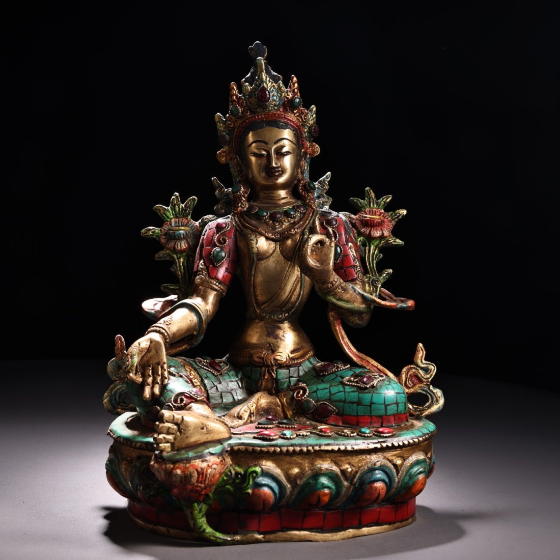 A pure copper inlaid gemstone painted gold-painted Tibetan green Tara Buddha statue (1 of 8)