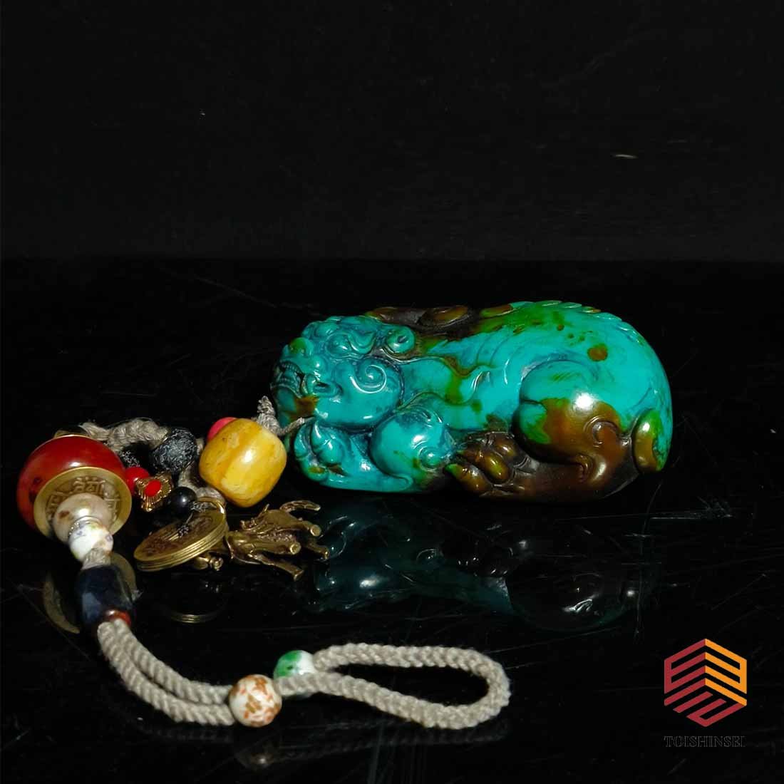 Turquoise dragon head turtle carving Tibetan silver accessories beeswax Five Emperors money handle (1 of 5)