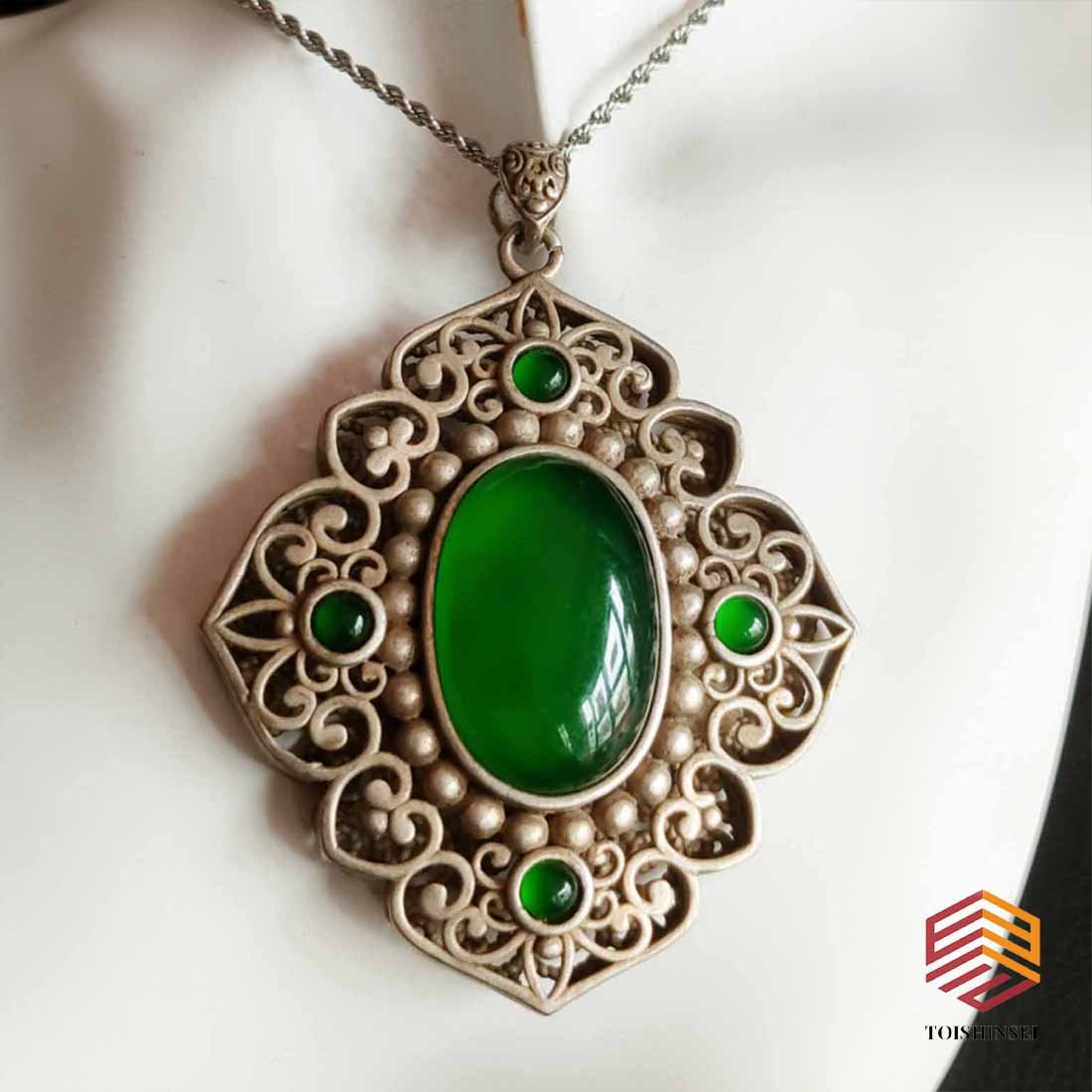 Silver inlaid top ice species imperial green jade pendant (1 of 9)