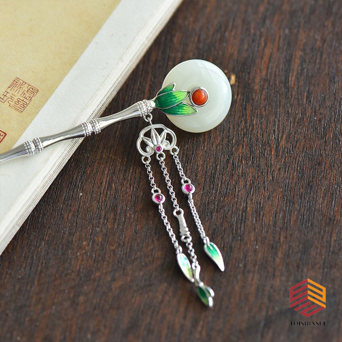 925 Silver Hetian Jade Peaceful Buckle Bamboo Tassel Hairpin (1 of 7)
