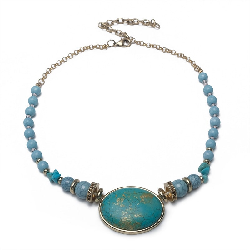 Turquoise Beaded Map Gold Foil Oval Statement Necklace: Turquoise Beaded Map Gold Foil Oval Statement NecklaceProcessing technology: manualWeight: 43.1gChain length: 47cm+9cm