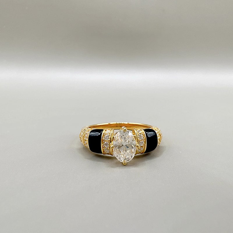 High-end light luxury black agate and white diamond ring, retro and elegant style 925 sterling (1 of 5)