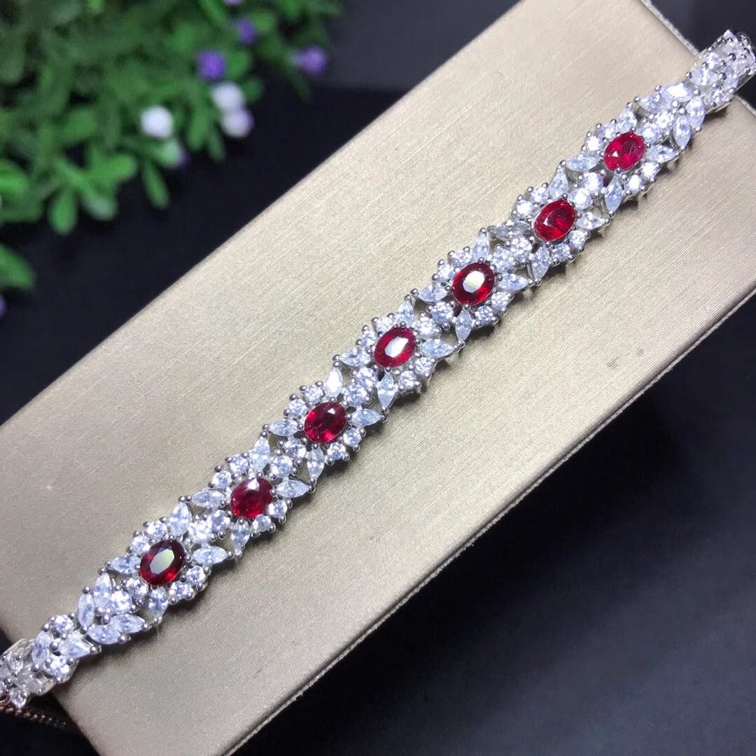 S925 silver set with natural ruby bracelet (1 of 5)