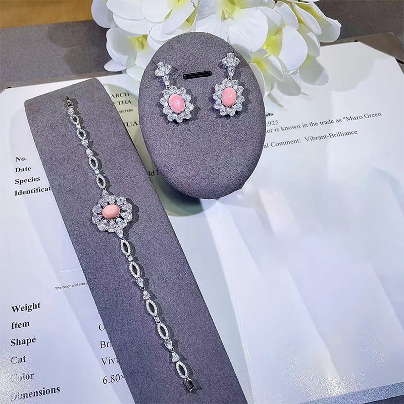 Natural Conch Beads S925 Silver Pink Earrings Bracelet Set (1 of 5)