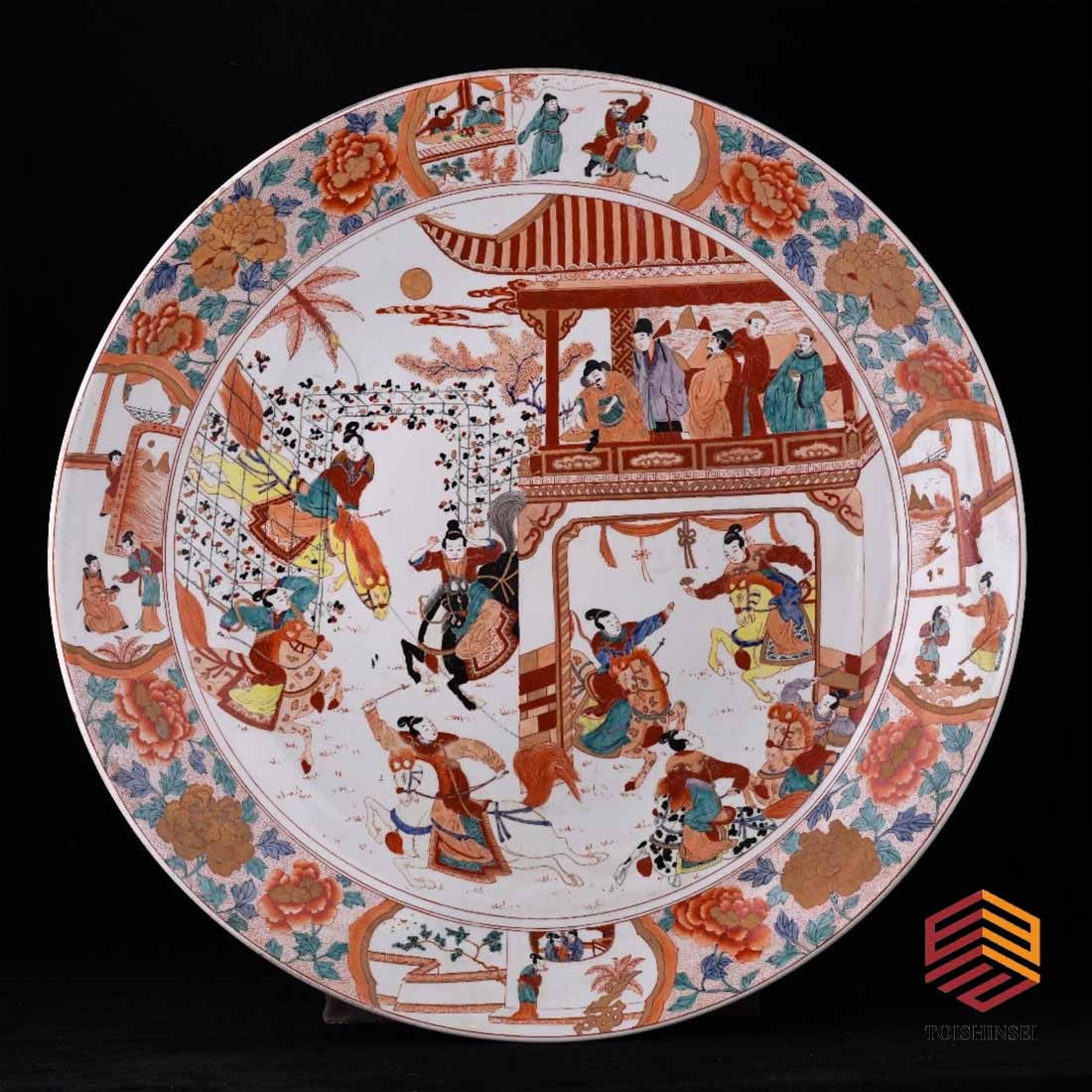 Late Qing Dynasty style Guangcai character story disk: Late Qing Dynasty style Guangcai character story disk Repair porcelain, centipede copper nails, natural patina, handed down from generation to generation