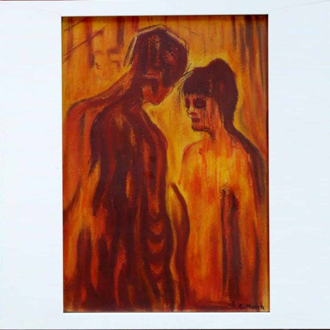 Edvard Munch "Amor and Psyche" mixed media oil painting watercolor: Dimensions (without frame)30 cm x 21 cmDimensions (with frame)33 cm x 24 cmPlease note that scratches or stains may appear due to use and storage.Work created around 1907.Title: Amor and PsycheSignatu