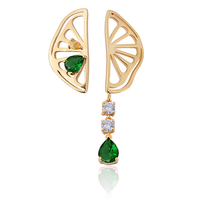 Hollow asymmetrical lemon fruit earrings: Size: 5.6cm long and 1.5cm wide Material: imported rhinestones + S925 silver needle