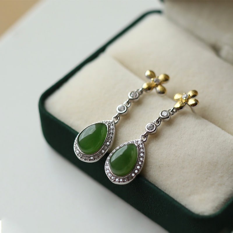 Natural full-color jasper water drop earrings. Pure silver plated with 18k gold, fine jade (1 of 4)