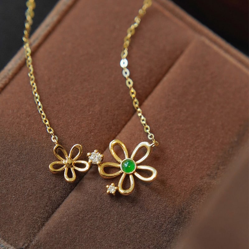 18k gold diamond jade double flower necklace (1 of 5)