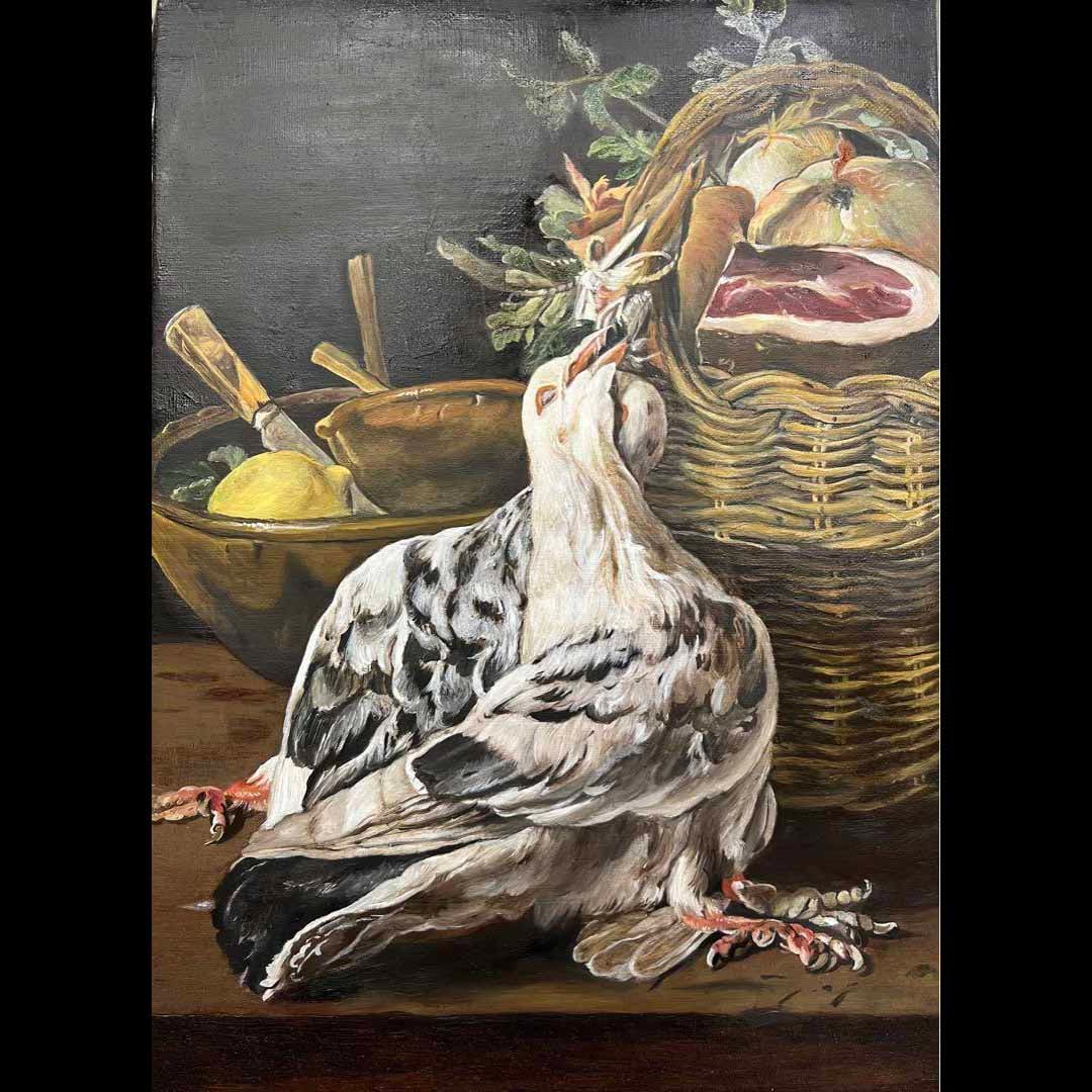 Oil painting Luis Melendez Bodegón Reproduction Oil painting Original painting: Spanish still life master (bodagon)Luis MeléndezRecreating the landscape with pigeons, bowls and fruit basketsCanvas pasted on panel, oil paintingHeight 50×width 36.5×thickness 3.5cm