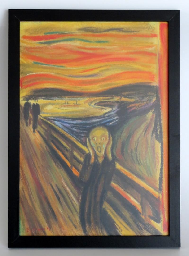 The Scream by Edvard Munch, mixed media, oil painting, watercolor, hand drawing: The Scream by Edvard Munch, mixed media, oil painting, watercolor, hand drawing. Dimensions (without frame)30 cm x 21 cmDimensions (with frame)33 cm x 24 cmPlease note that use and storage may cause s