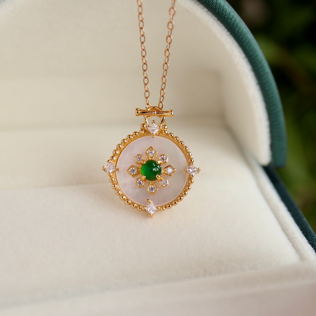 Natural Grade A Jadeite Pendant: A combination of jadeite and mother-of-pearl, natural A-grade jadeite pendant, about 19x15mm, ice-green, S925 sterling silver