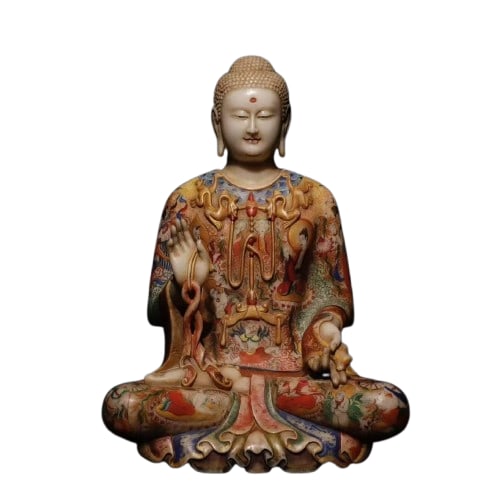 White marble painted Buddha statue: White marble painted Buddha statue. Private estate collection, national treasures, exquisitely painted, solemn appearance, family inheritance, worship and blessing. Height 70cm, width 48cm, thickness