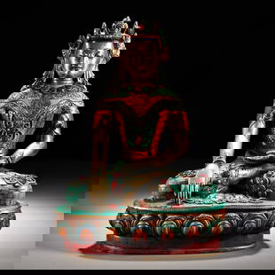 A statue of Sakyamuni Buddha of Tibetan Tantric Buddhism: A statue of Sakyamuni Buddha of Tibetan Tantric Buddhism. Made of pure Nepalese copper, inlaid with gemstones, painted and gilded, exquisitely crafted, weighs 3000 grams, is 26 cm high and 17 cm wide?