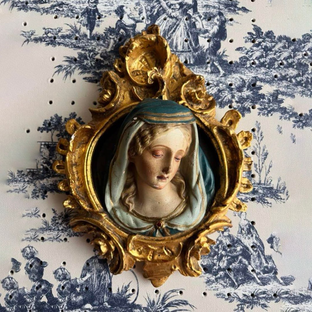 French Antique Our Lady of Sorrows Relief: French Antique Our Lady of Sorrows Relief. A three-dimensional image of Mary in mourning, with a frame around it.It was purchased from a collector in Grenoble and was originally displayed in a church