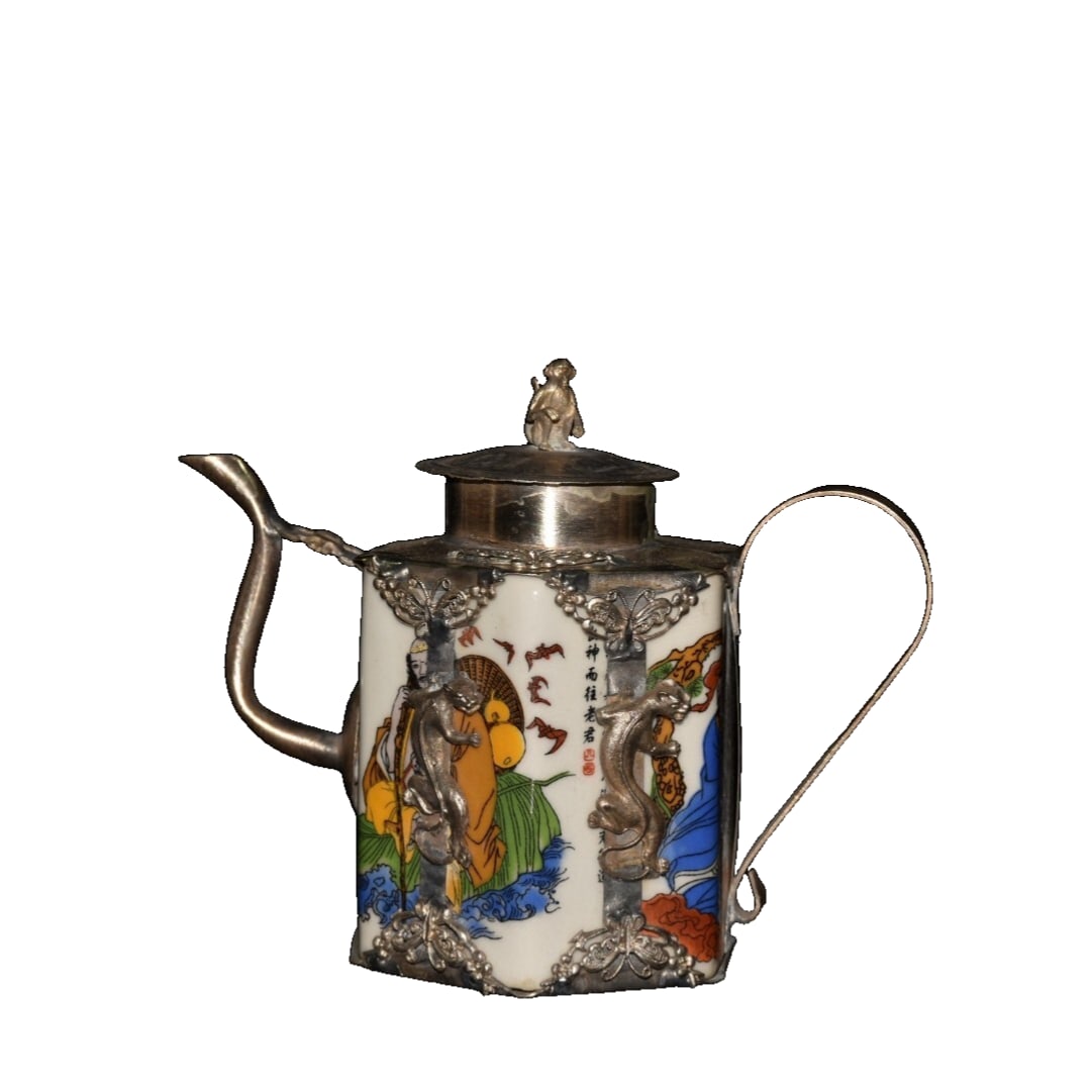 Porcelain Copper Hexagonal Eight Immortals Flask: This porcelain-clad copper hexagonal eight immortals flask measures approximately 13 centimeters in width, 7.5 centimeters in thickness, and 12 centimeters in height, with a weight of about 263 grams.