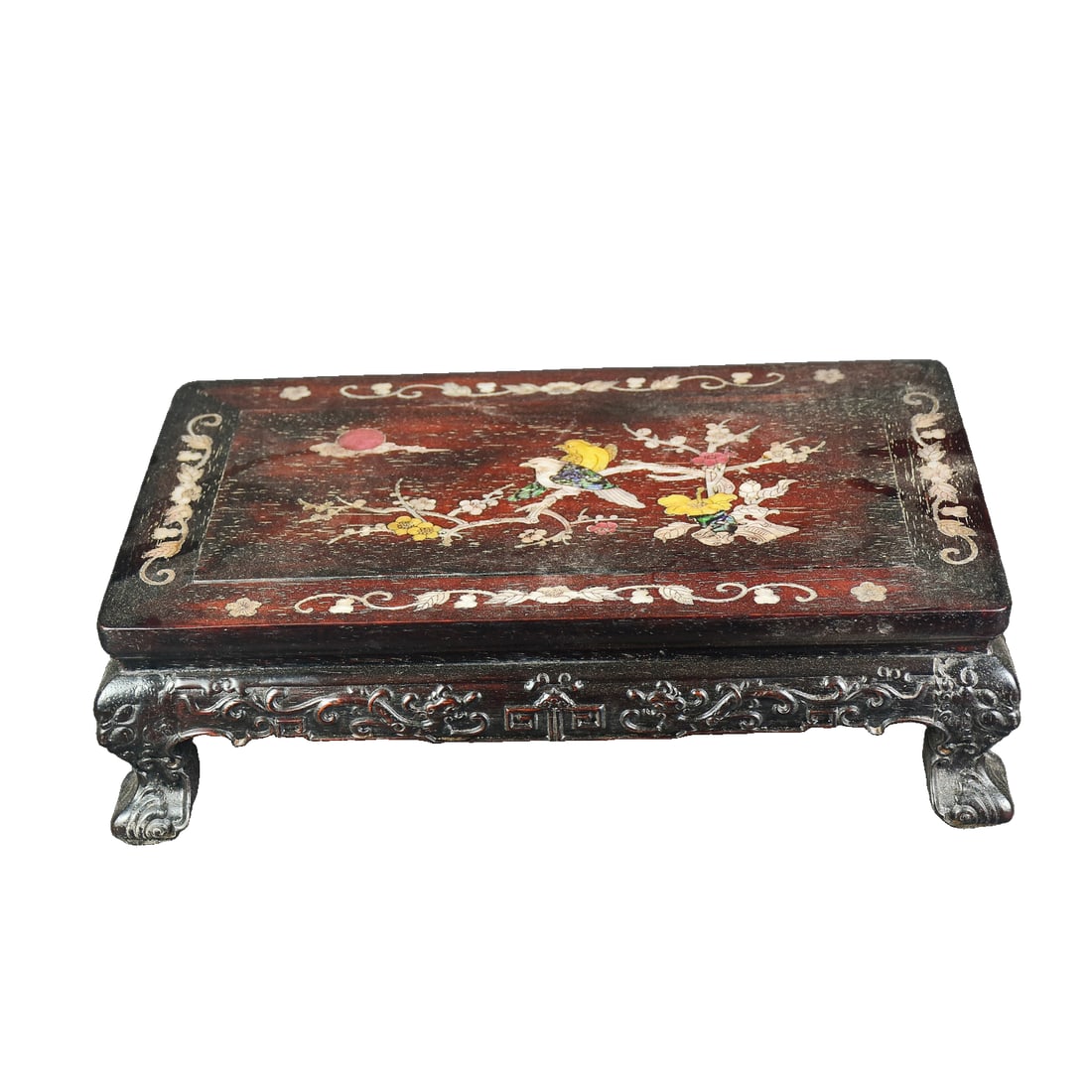 Rosewood Inlaid Shell Sparrow Climbing Plum Tea Table Kang Table: This zitan wood inlaid with mother-of-pearl magpie perching on plum branches tea table (kang table) measures 12 centimeters in height, 41 centimeters in length, and 25 centimeters in width. Made of zi