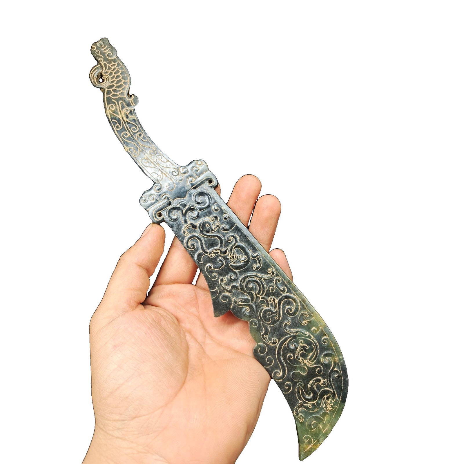 Hetian Jade Knife: Hetian jade knife, height 29 width 5.5 cm 175g, exquisite carving, smooth lines, well preserved Freight: 1.International Shipping: Foreign shipping costs are determined by the destination. 2.Photos, d