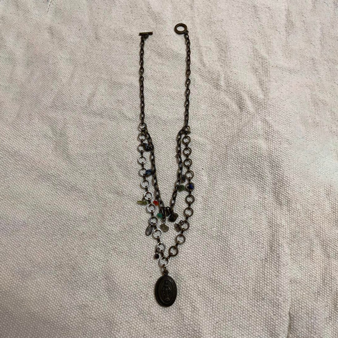 Japanese Virgin Mary Medal Necklace: Weekend Special AMP Japanese Antique Necklace Virgin Mary Medal Necklace Natural StoneA necklace featuring natural stone beads and a Virgin Mary medal.Design: A necklace with multiple chains and color
