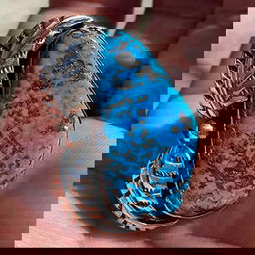 Turquoise Leaf Ring - Hopi: Preston Monongye High-End Turquoise Leaf Ring, HopiThe ring features a beautiful, thick, and large turquoise stone, inlaid with pyrite and water patterns. I believe it's Mononghi's old style.3.8 cm x