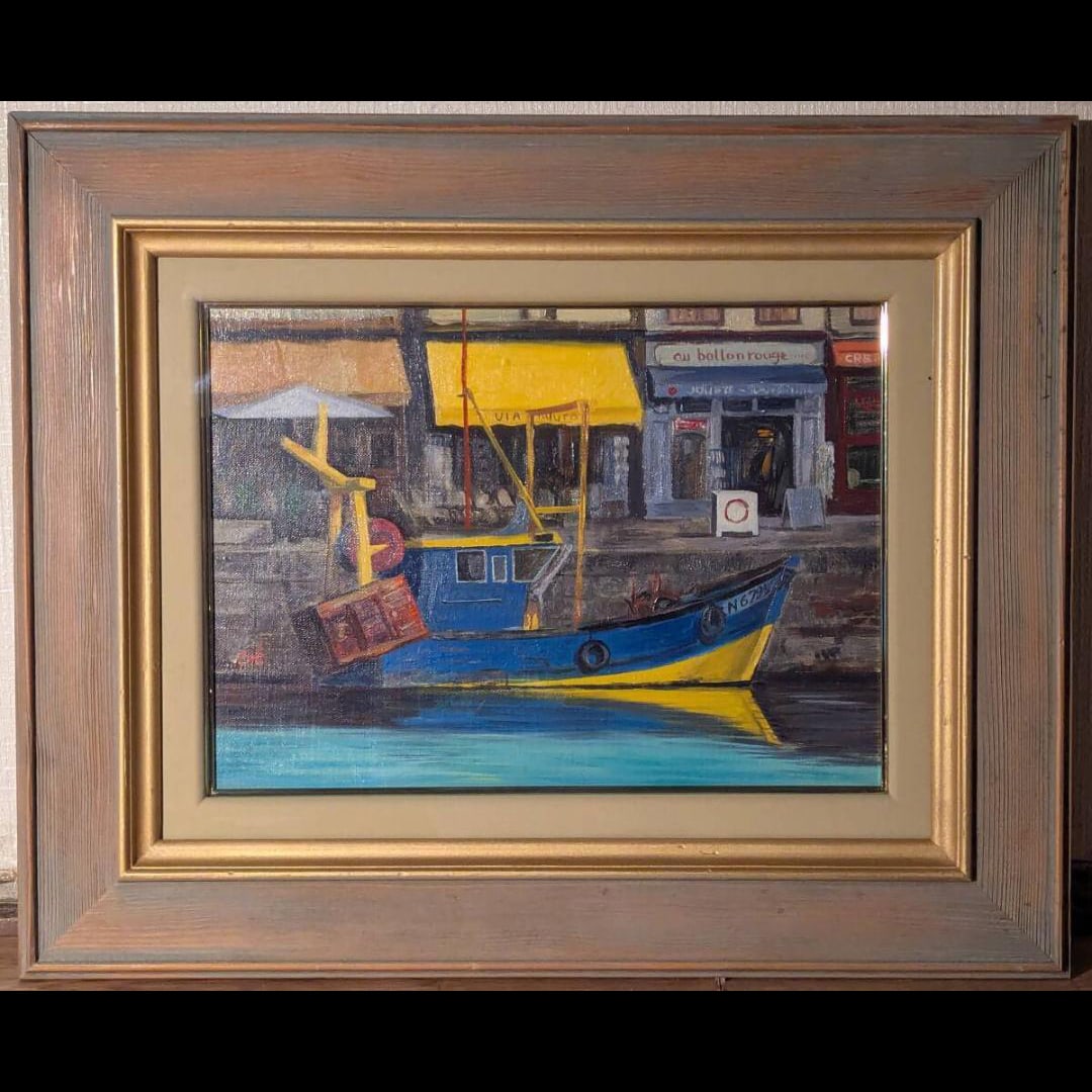 W. Jones Fishermen Boat Harbor Oil Painting