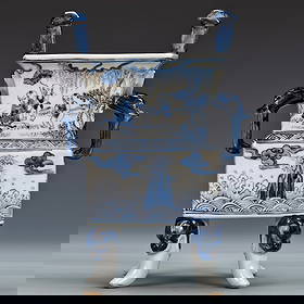 Late Ming Jiajing Wan style blue and white porcelain incense burner with children playing pattern: Late Ming Jiajing Wan style blue and white full-painting 'Children at Play / Fortune and Longevity' patterned quadruple-eared square incense burner. Height 27, width 18 centimeters. The incense burner