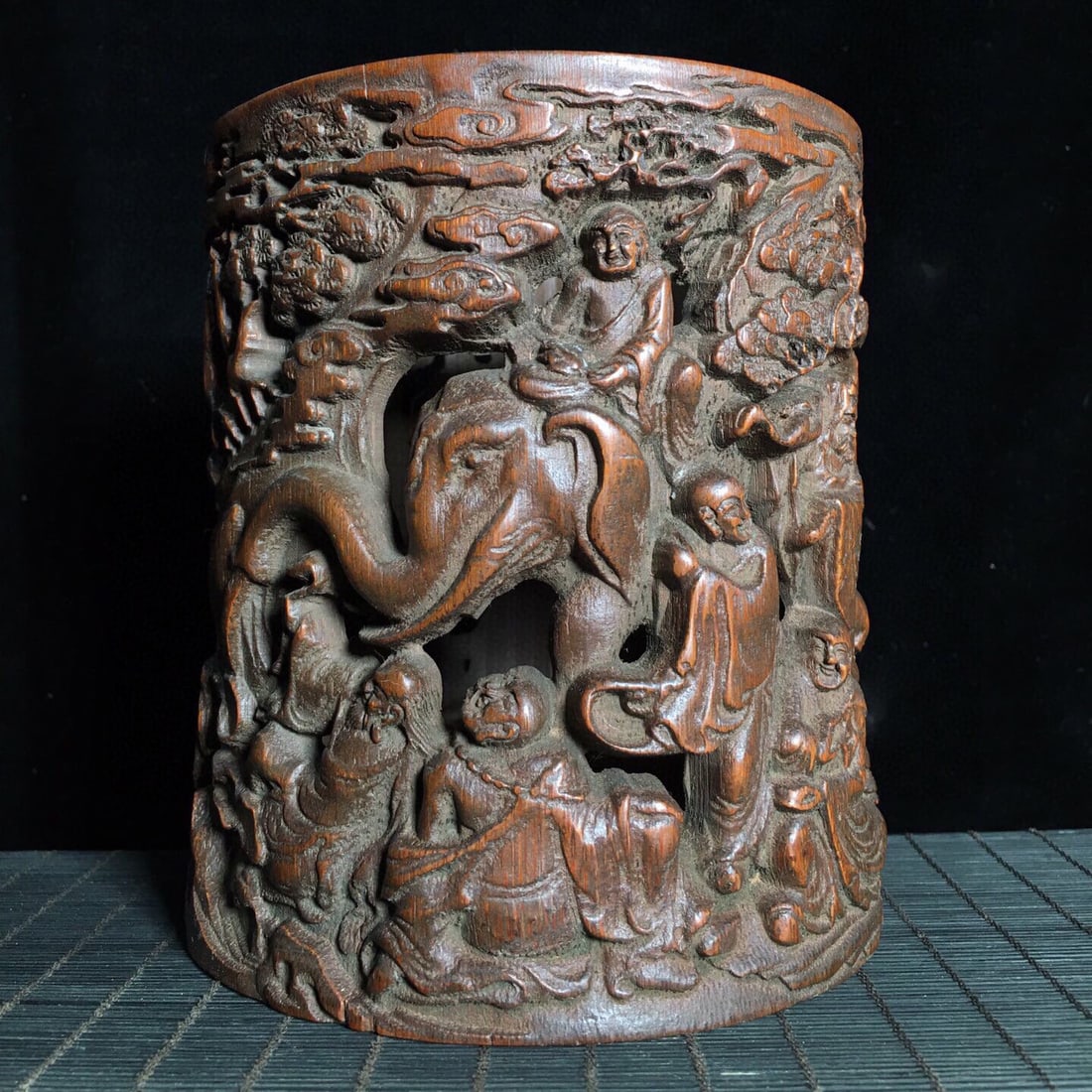 Bamboo Carved Pen Container with Openwork Design of the Eighteen Arhats (1 of 9)