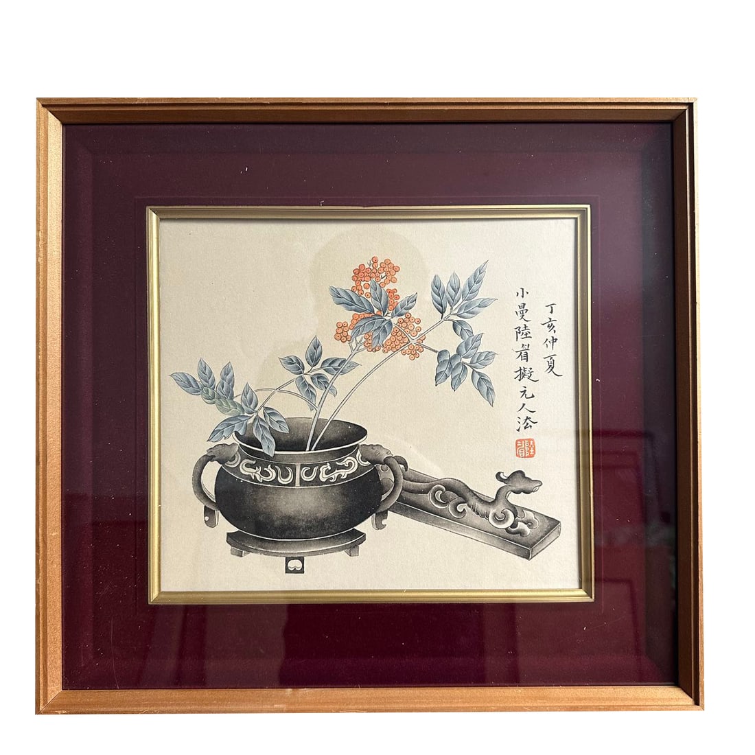 Lu Xiaoman Curio: This is Lu Xiaoman's antique mirror frame work with an archaistic theme, featuring a painting core measuring 24×27 centimeters. The artwork is rendered in meticulous brushwork, depicting an elegant b