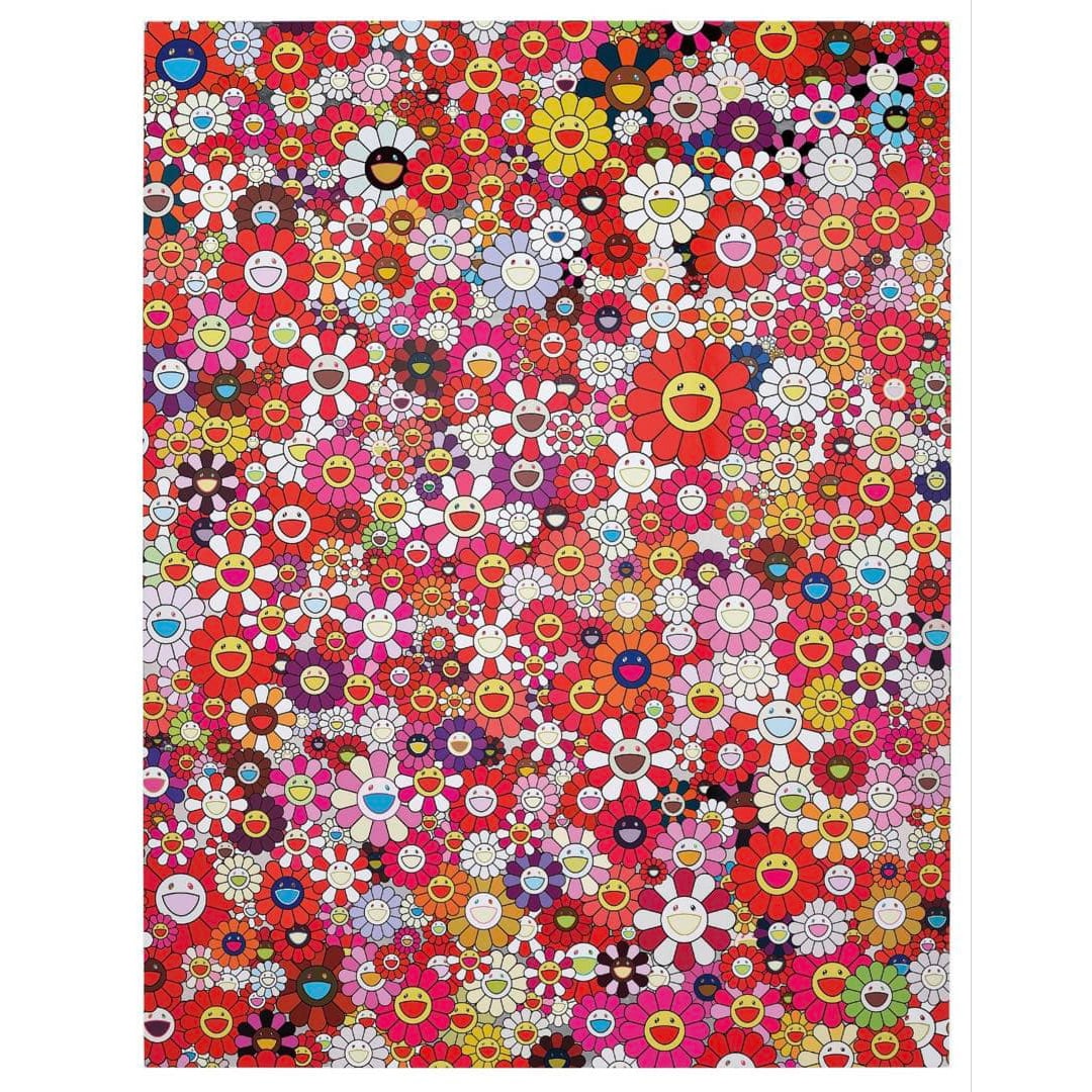 Takashi Murakami An Homage to Monopink, 1960: This is a tribute work, which mimics the three-color combination of three works by French painter Yves Klein and adopts the flower and skull patterns in the style of Haruki Murakami. Takashi Murakami'