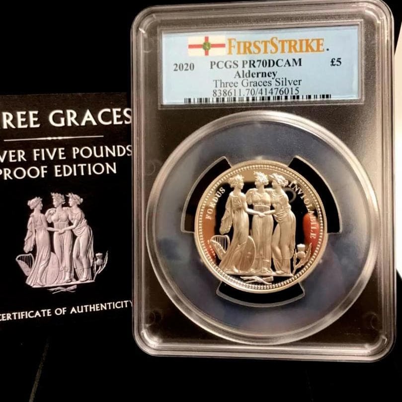Alderney Three Graces 2 Ounce 5 Pound Silver Coin PR70 PCGS: Country: Alderney, United KingdomYear of issue: 2020Denomination: 5 PoundsWeight: Approximately 62.2gPurity: .999Mintage: 1000 pieces Freight: 1.International Shipping: Foreign shipping costs are dete