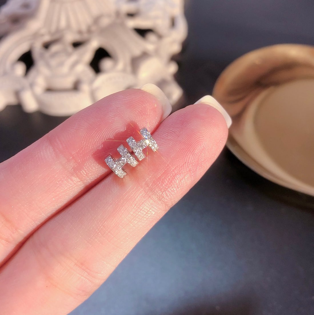 18K Gold Full Diamond H Stud Earrings (1 of 5)