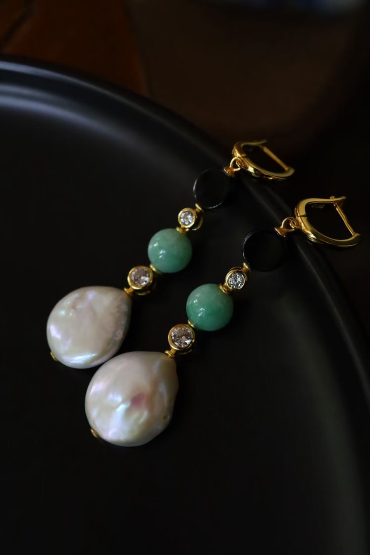 Natural Jade A Quality Baroque Pearl Earrings, Body Pure Silver Plated with Gold: Natural Jadeite A Grade Baroque Pearl Earrings with Pure Silver Plating