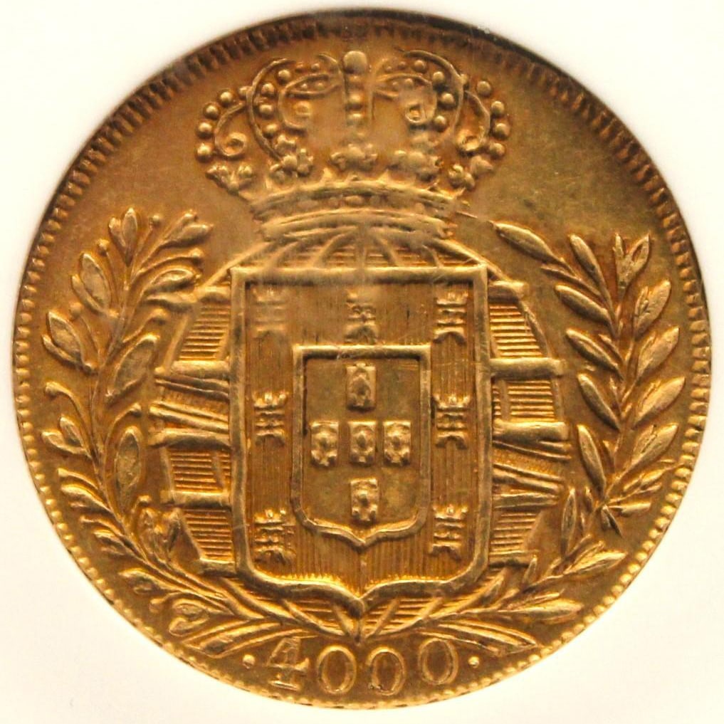 1822 Brazil Dom Joao VI 4000 Reis Gold Coin, NGC MS62 Grade: 1822 Brazil Emperor John VI 4000 Reis Gold Coin. It has been graded MS62 by the National Grading Company of America (NGC). Front design features the Cross of Saint George. Reverse design features the
