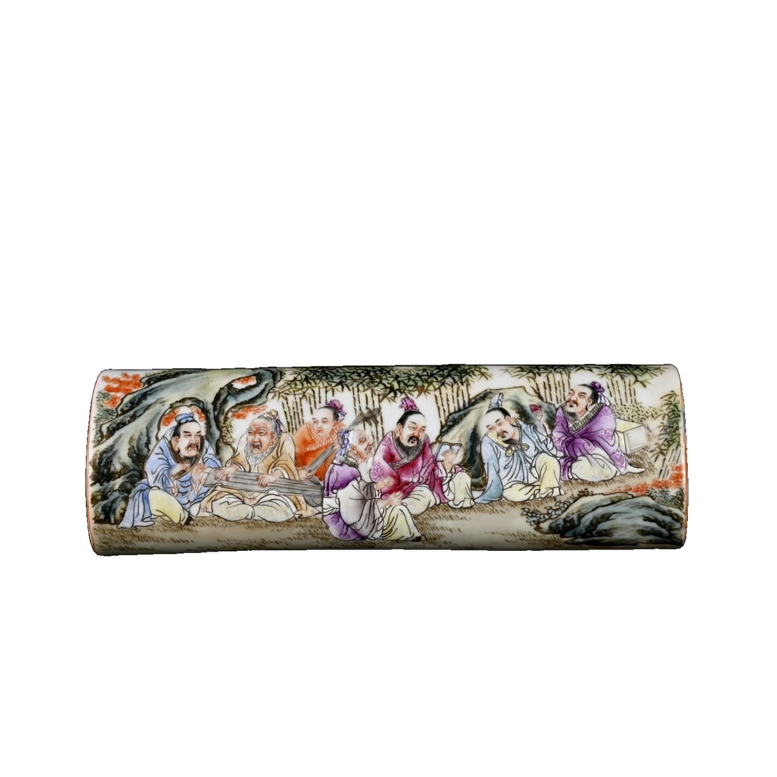 Qing Dynasty Qianlong style Seven Elders Picture Paperweight: Asian antique, this is a Qianlong style 'Seven Elders' picture paperweight, size 3.5×7×21.5 cm. The paperweight is made of porcelain and features the 'Seven Elders' design, with seven elders in vari