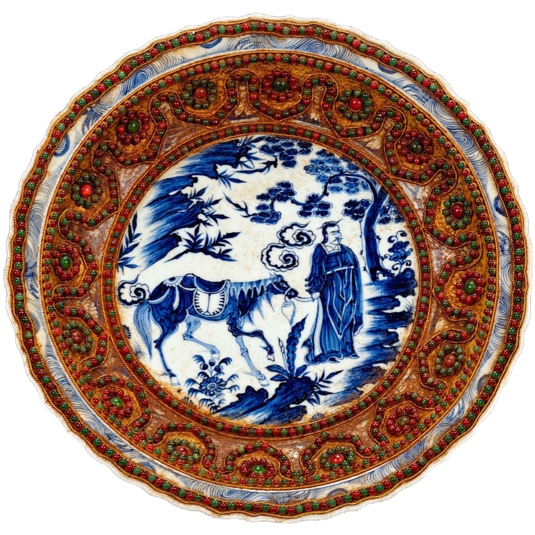 Yuan Dynasty style blue and white dish featuring Xiao He chasing Han Xin under the moon (1 of 9)