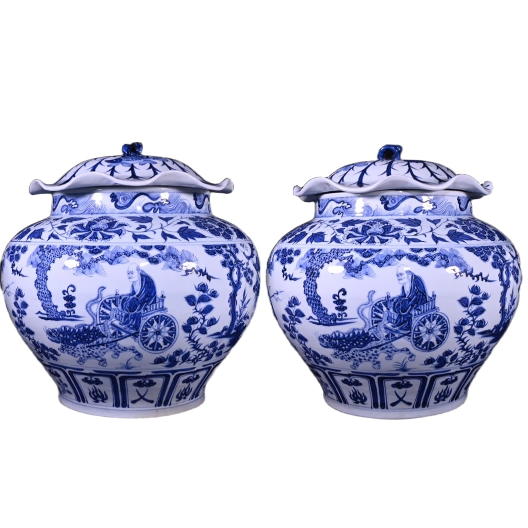 A pair of Yuan Dynasty style blue and white porcelain Guiguzi going down the mountain figure story (1 of 9)