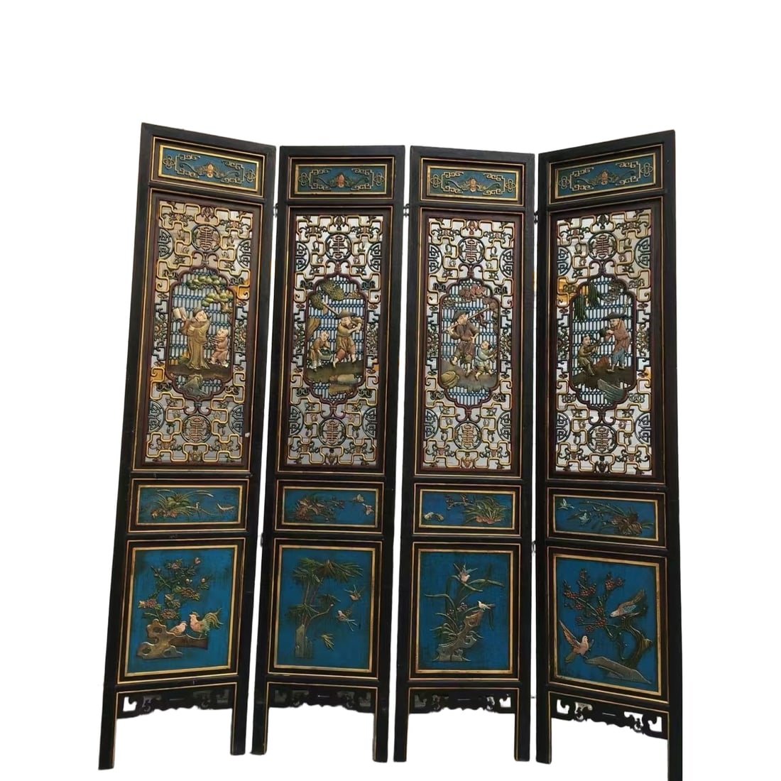 Gold-Painted Wooden Lacquerware 'Fish Bridge' Screen with Scenes of Farming and Reading (1 of 9)