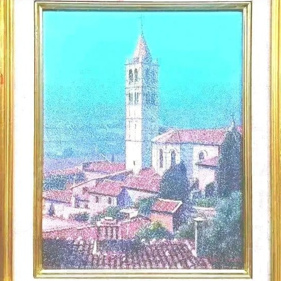 Haneada Yutaka, Realistic landscape oil painting of Santa Clara Cathedral, 1984: Haneada Toyo, a realistic landscape oil painter of Santa Clara Cathedral, was born in Yokosuka in 1939. He graduated from Tokyo University of the Arts in 1963 and again in 1965. Before 1974, he served