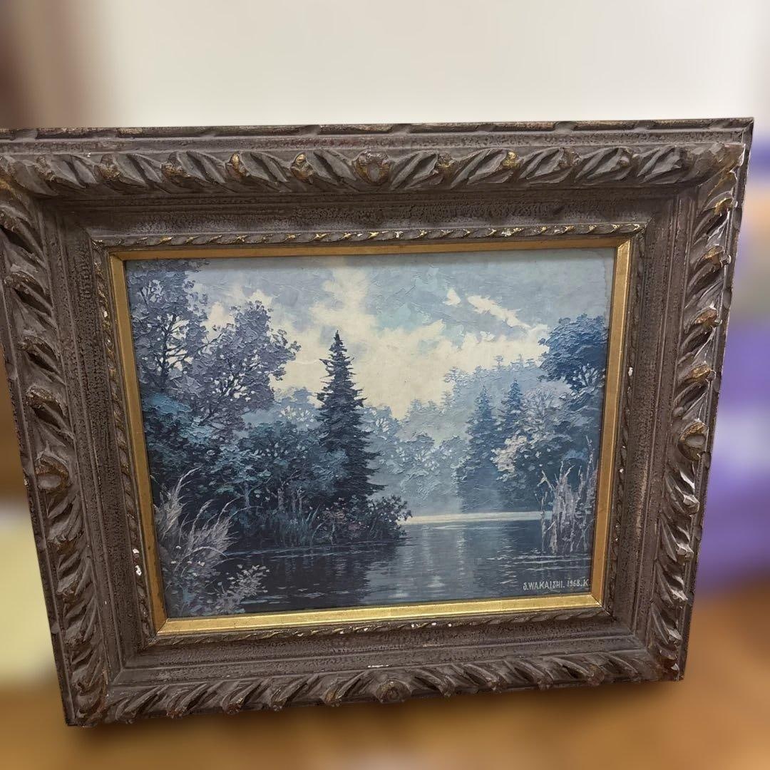 S. WAKALISHI Landscape Painting, Created in 1968: A landscape painting primarily in blue hues, created by S. WAKALISHI in 1968. It measures 60 centimeters in length and 60 centimeters in width. Freight: 1.International Shipping: Foreign shipping cost