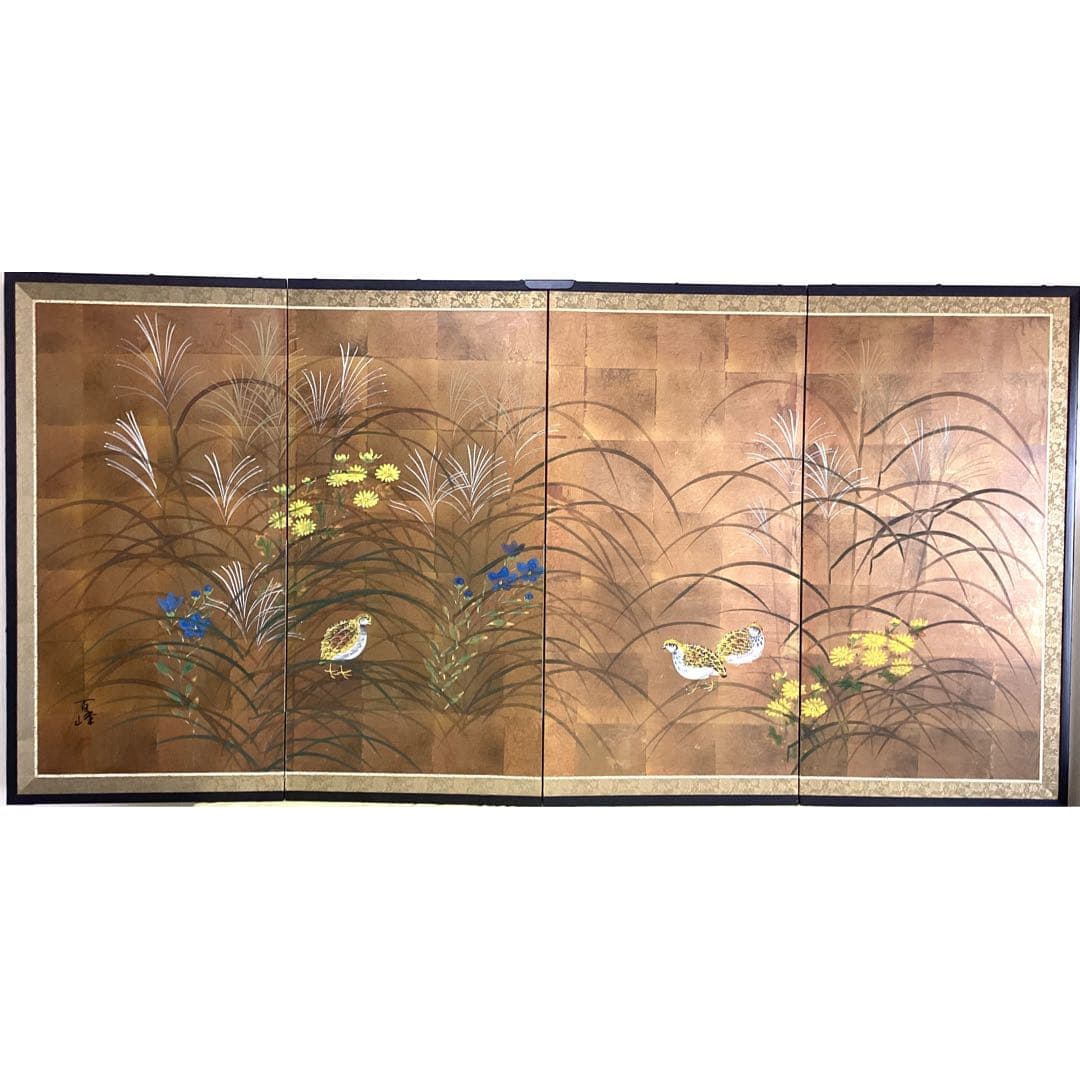 Four-fold folding screen with Japanese painting of chrysanthemums and quails (1 of 10)