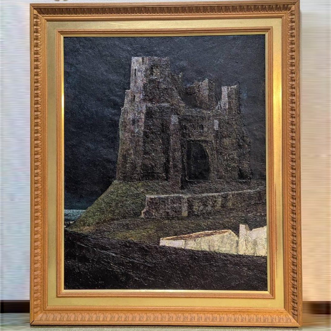 Muzeko Teiichi's oil painting, 'Undersea Fortress, Silent Memories': Mokuzai Teiichi's oil painting 'Undersea Fortress, Silent Memories.' The frame measures approximately 95x114 cm. Dimensions: about 71 x 90 cm. Mokuzai Teiichi (born July 24, 1930, died 2007) was a Jap