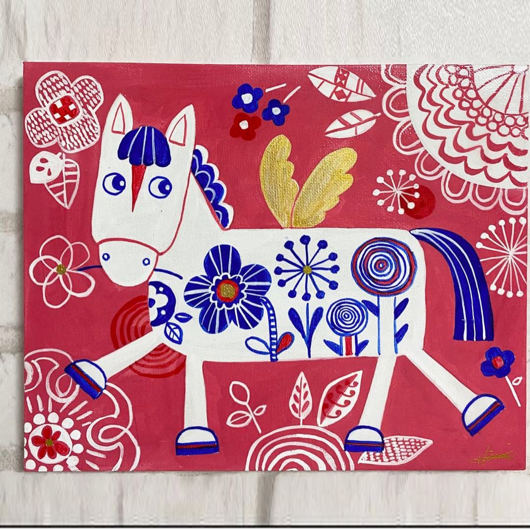 A cute Nordic style horse-year themed painting.: A cute Nordic style horse year themed painting. Canvas size F3 27 x 22 centimeters, thickness 1.5 centimeters Freight: 1.International Shipping: Foreign shipping costs are determined by the destinatio